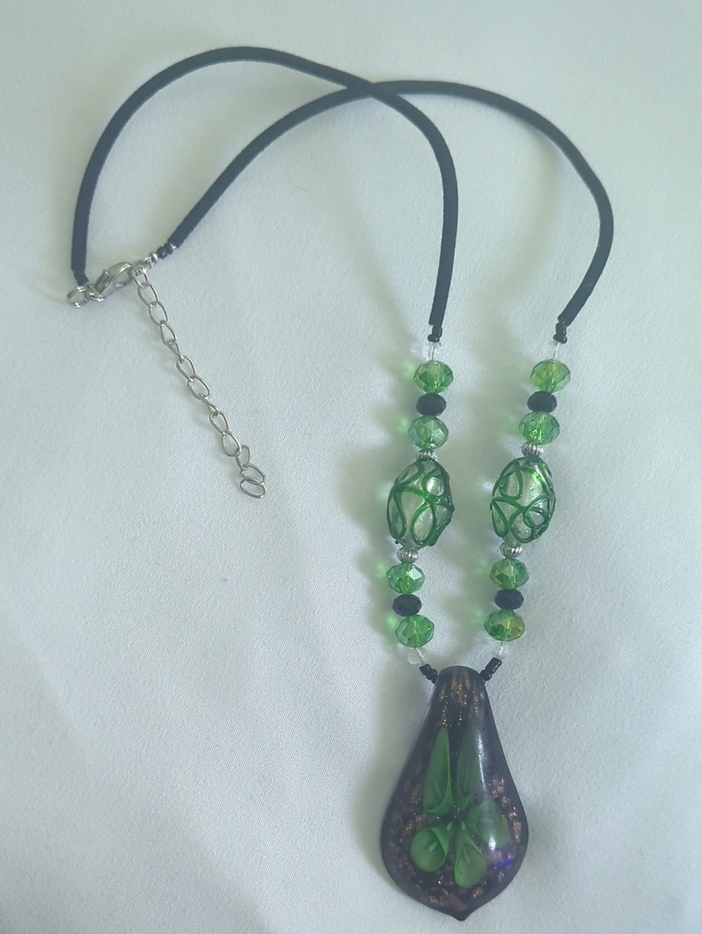 Green Glass Teardrop Pendant Necklace - Unbranded